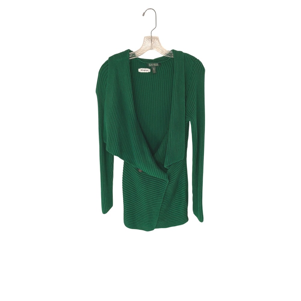Ralph Lauren‎ Cardigan Women's Green Cable Knit Basic Asymmetric Cotton Medium